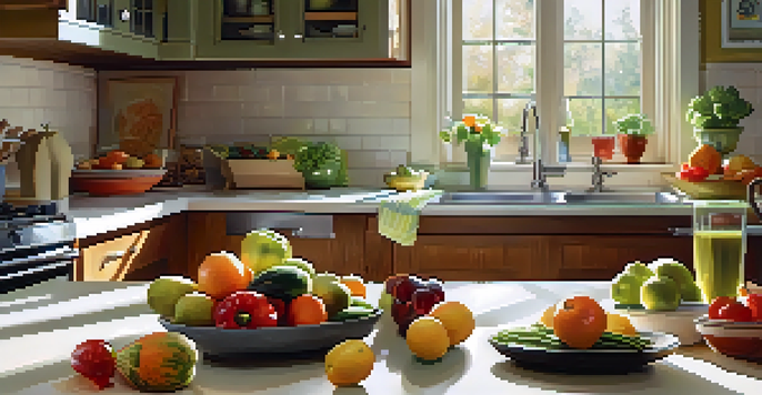 A kitchen countertop with fresh fruits and vegetables, a measuring scale, and a blender, illuminated by natural sunlight.