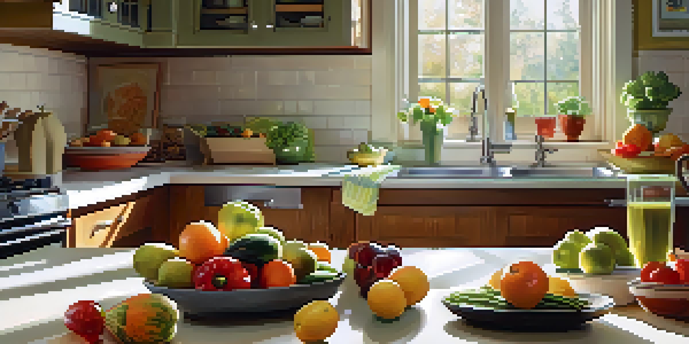A kitchen countertop with fresh fruits and vegetables, a measuring scale, and a blender, illuminated by natural sunlight.