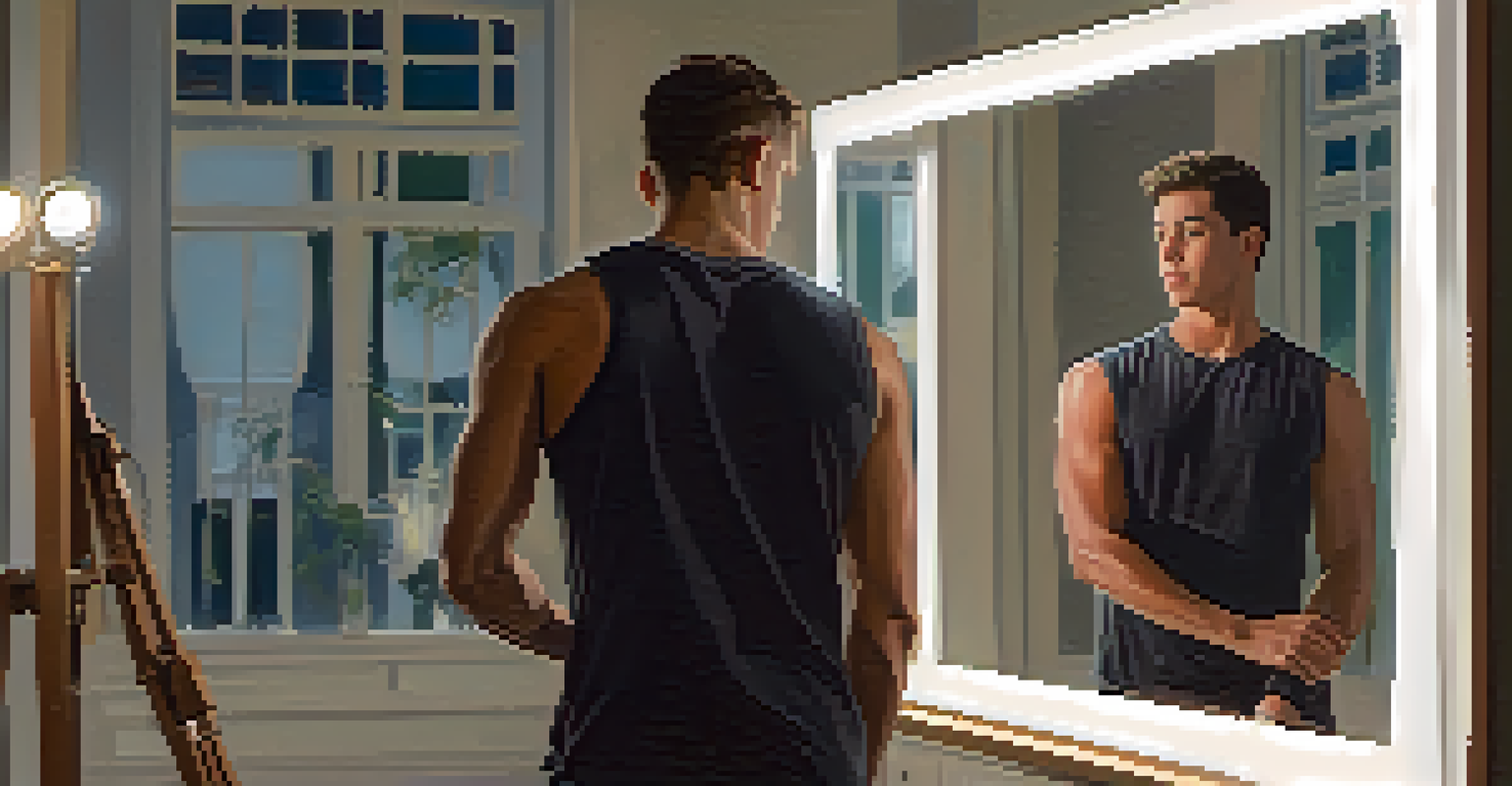 An athlete visualizing their ideal physique in front of a mirror, exuding confidence and calmness.