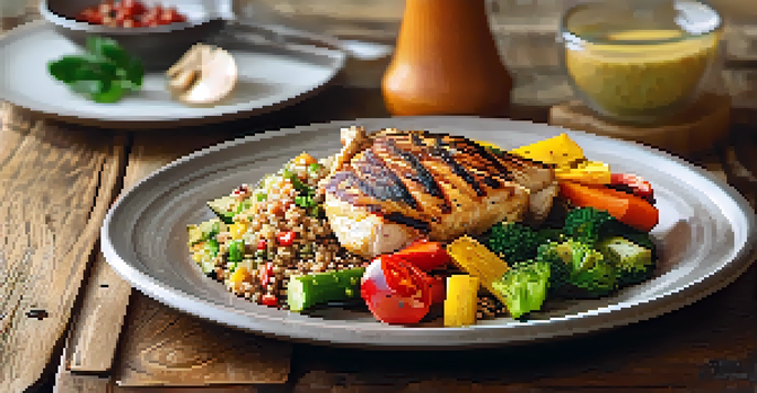 A plate of grilled chicken, quinoa, and colorful steamed vegetables on a wooden table, illuminated by natural light.