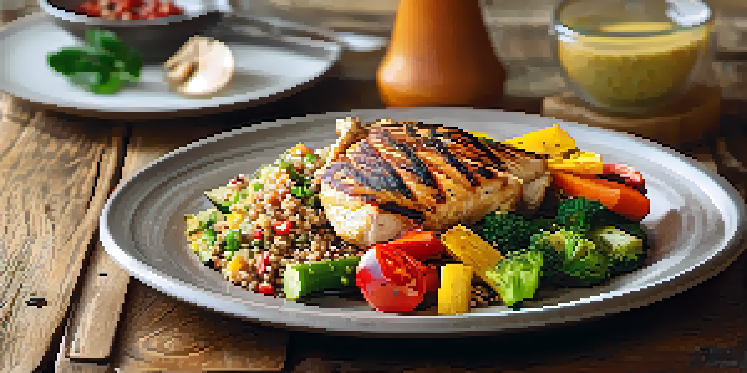 A plate of grilled chicken, quinoa, and colorful steamed vegetables on a wooden table, illuminated by natural light.