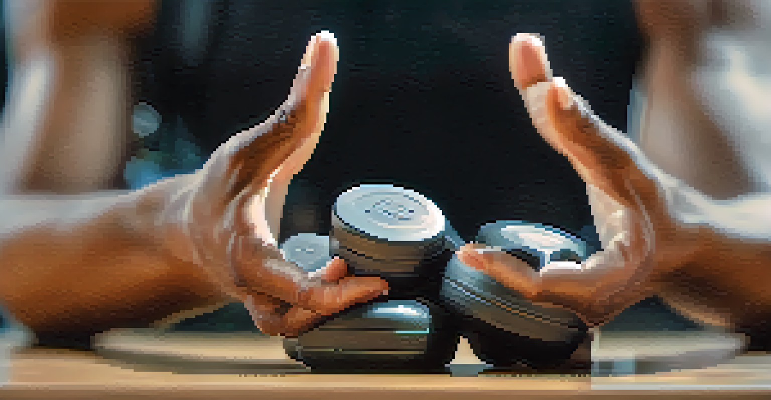 A close-up of hands in a mudra position holding a weight, with a gym background, emphasizing mindfulness in fitness.