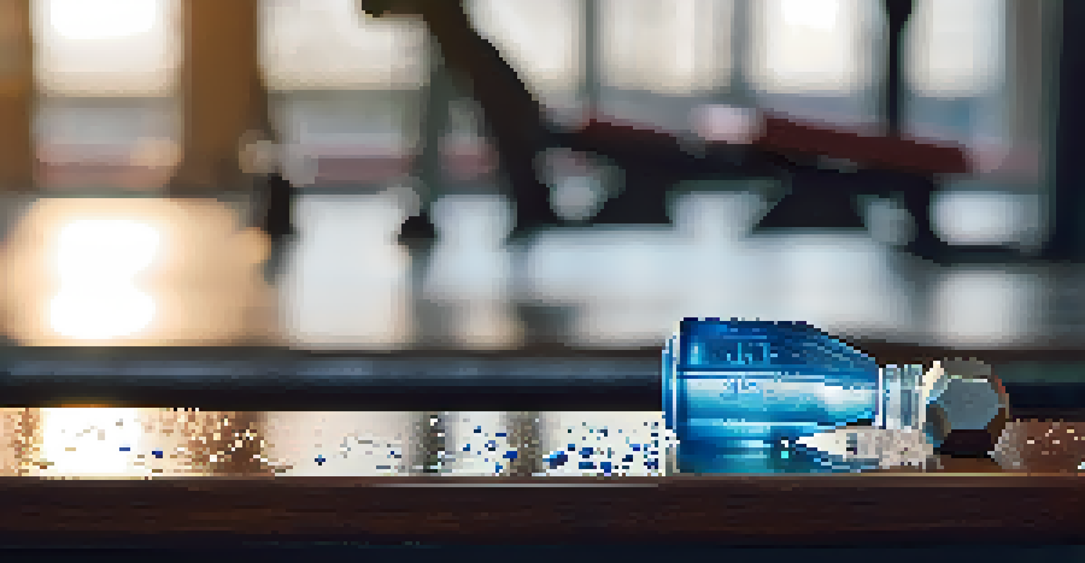A close-up of a water bottle with water droplets on a gym bench, with a blurred barbell in the background.
