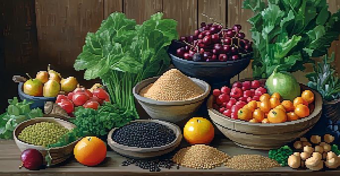 An array of colorful plant-based foods including quinoa, lentils, chickpeas, leafy greens, and fruits on a rustic wooden table, illuminated by soft natural light.