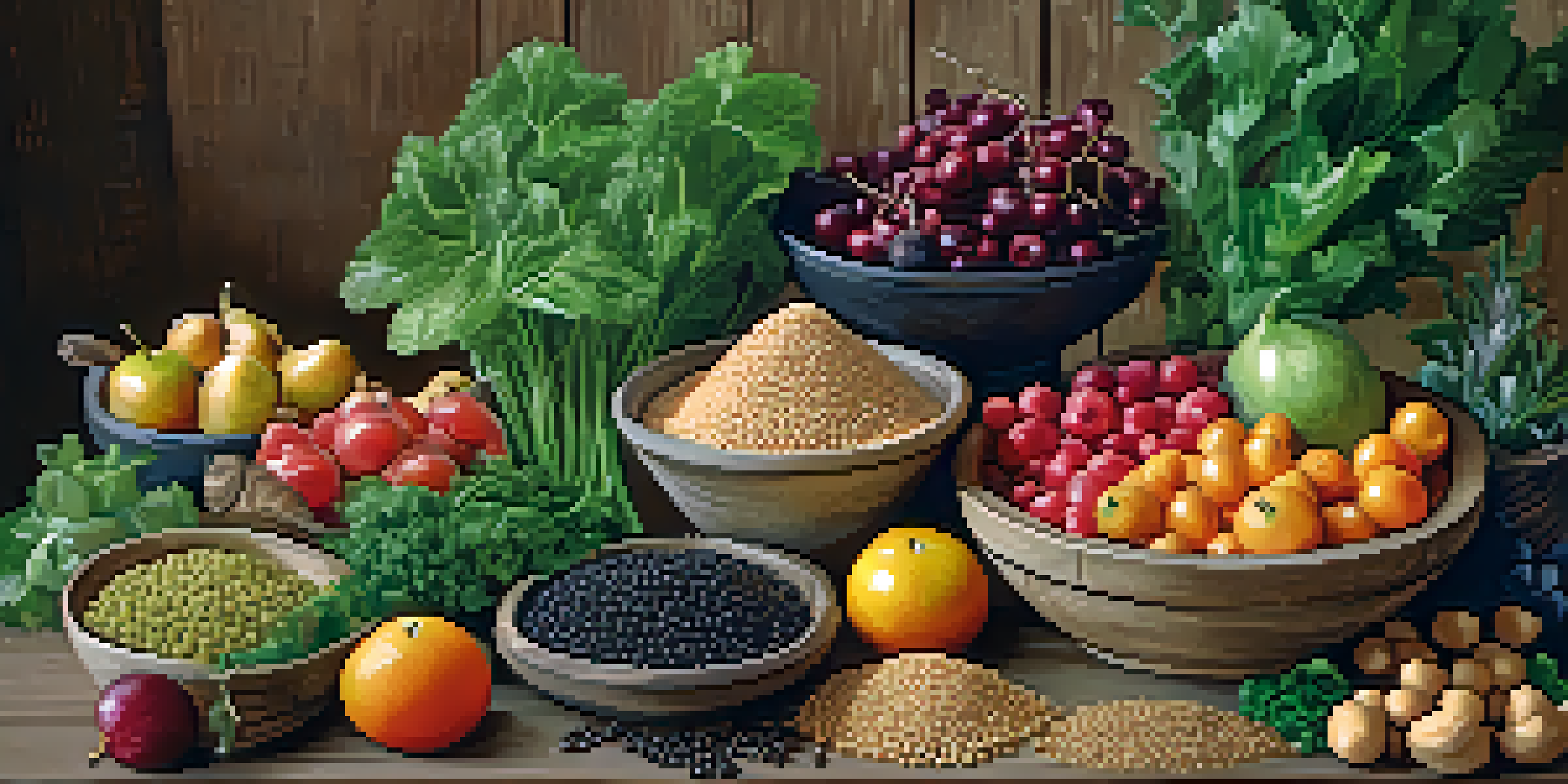 An array of colorful plant-based foods including quinoa, lentils, chickpeas, leafy greens, and fruits on a rustic wooden table, illuminated by soft natural light.