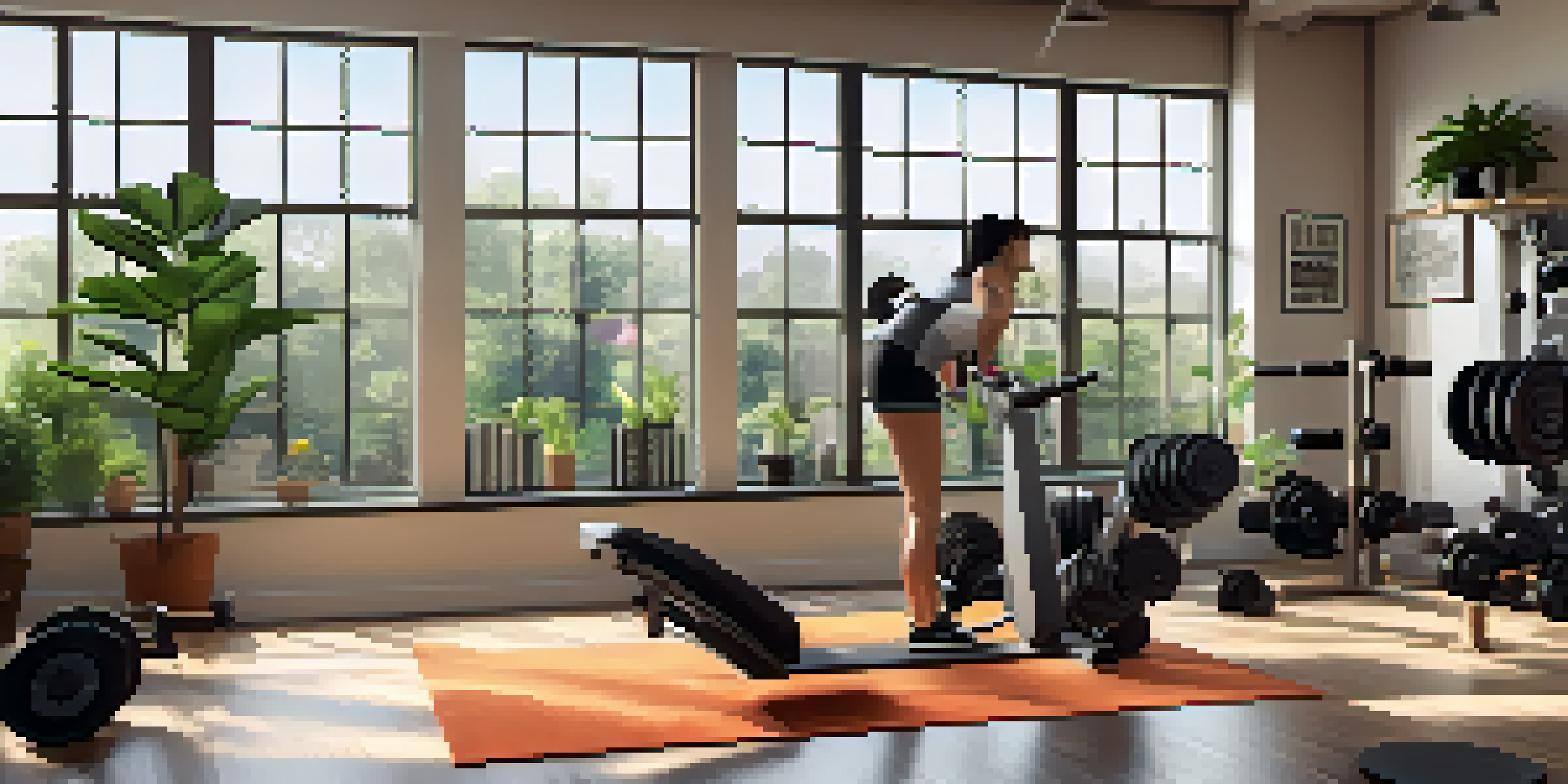 An individual lifting weights in a well-lit home gym, showcasing determination and a motivating environment.