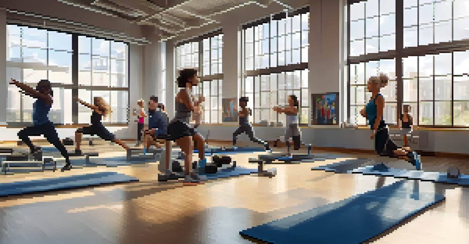 A diverse group of runners performing core exercises in a bright gym with large windows and motivational posters.