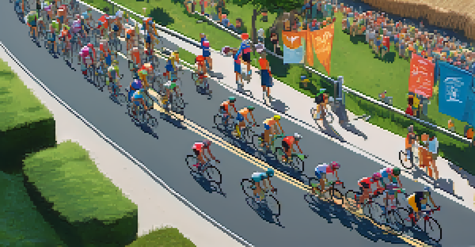 An overhead view of a charity cycling event with cyclists on a scenic road surrounded by greenery and volunteers setting up refreshments.