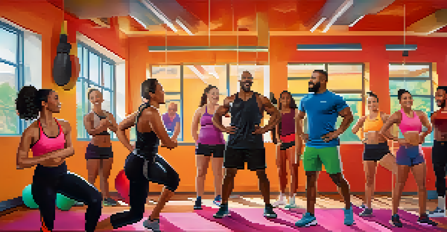 A diverse group of gym-goers interacting and encouraging each other during a workout, emphasizing community and support in fitness.