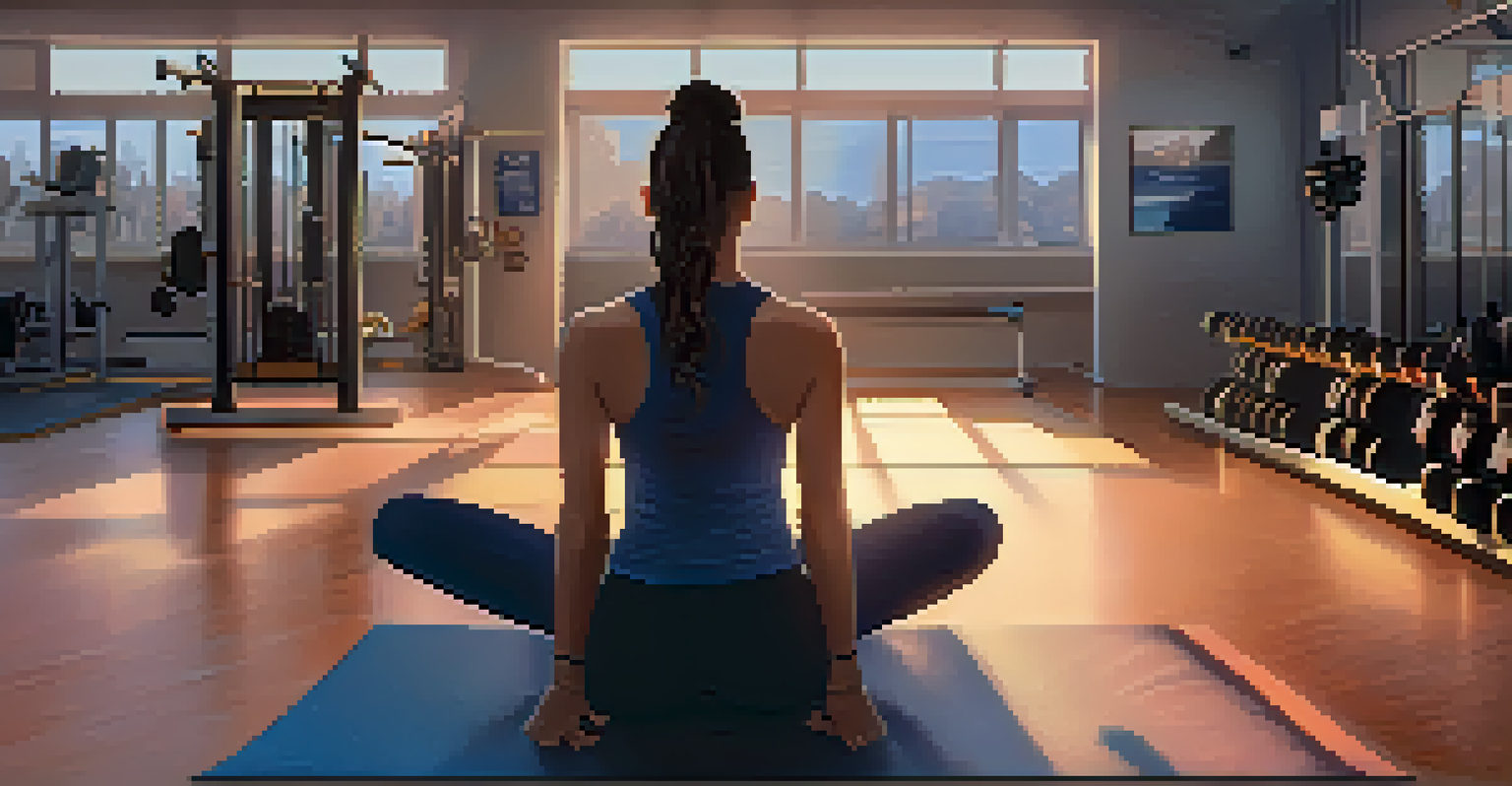 A person relaxing on a gym bench with headphones, surrounded by soft lighting and motivational posters.