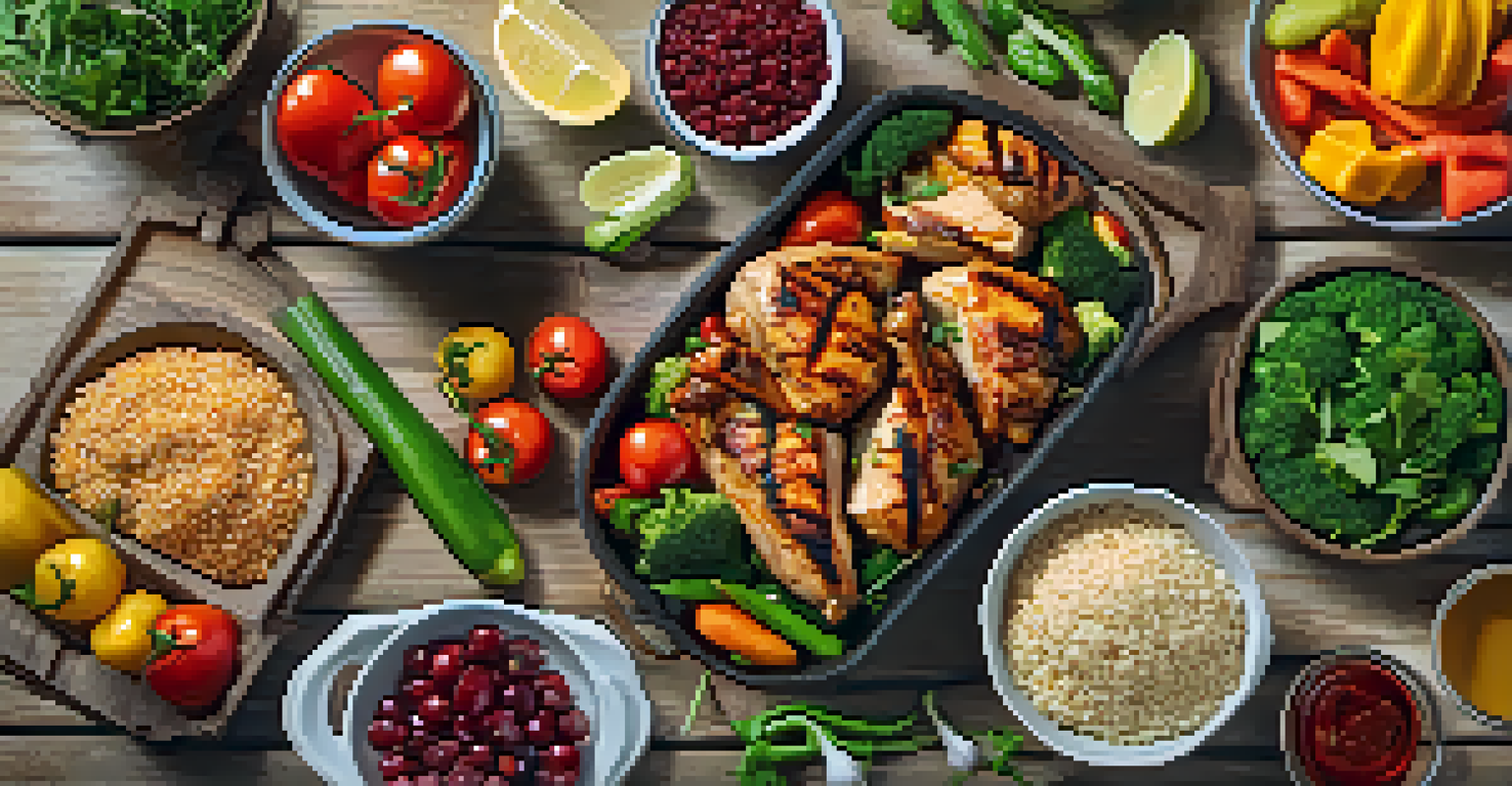 A top-down view of a healthy meal prep featuring grilled chicken, quinoa, and fresh vegetables on a wooden table.