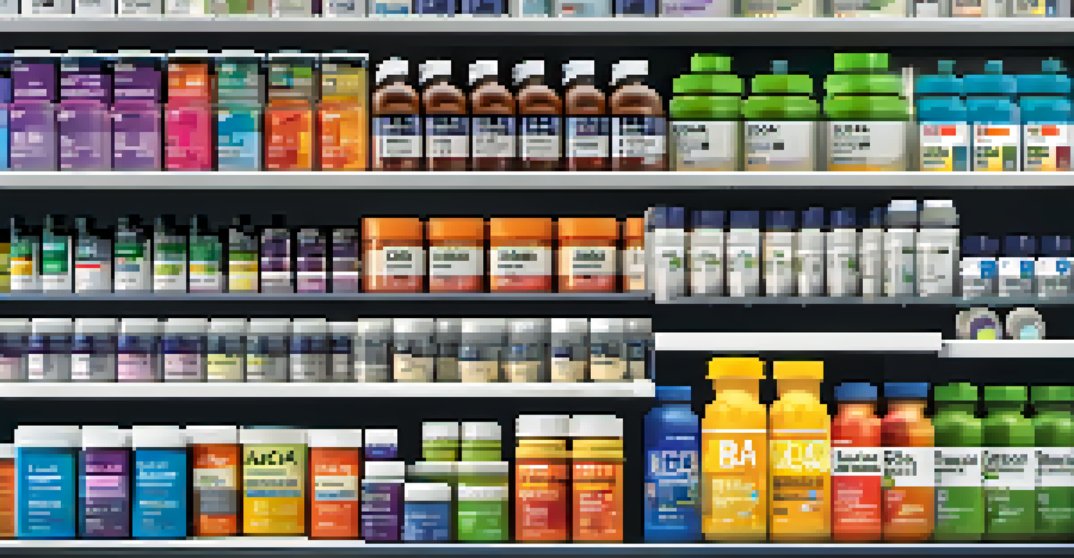 A shelf filled with various BCAA supplement products, including powders and capsules, arranged neatly.
