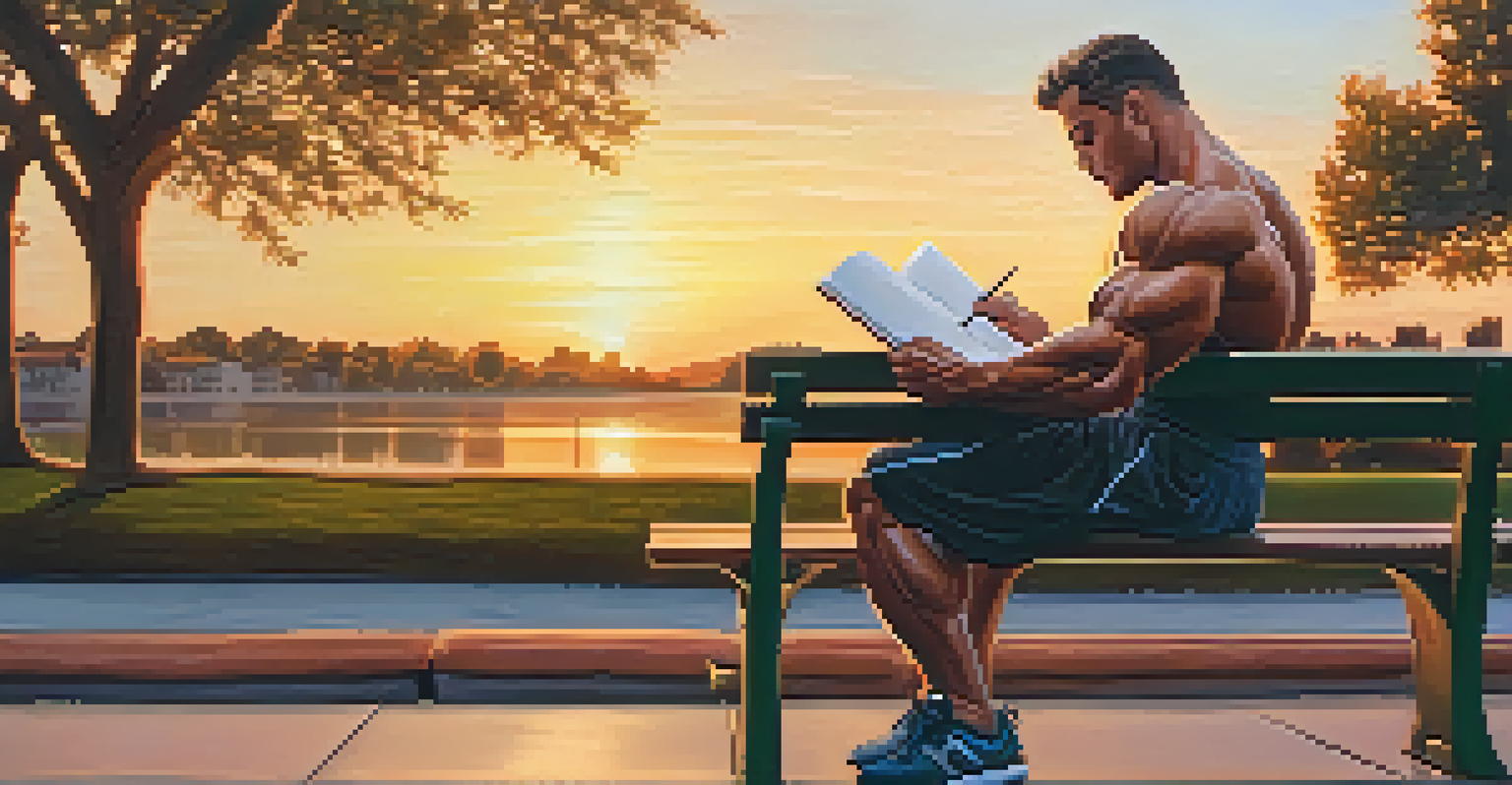 A bodybuilder sitting on a park bench during sunset, writing in a journal, reflecting on their fitness journey in a peaceful outdoor setting.