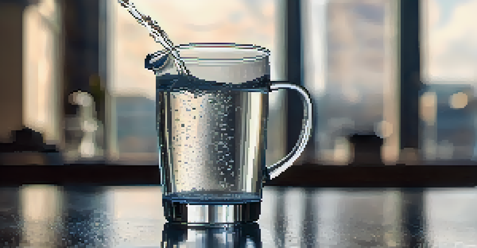A glass of water being poured from a pitcher, with workout gear subtly blurred in the background.