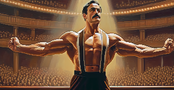 A vintage portrait of Eugen Sandow in a bodybuilding pose, displaying his muscular physique against a theater stage backdrop with warm lighting.