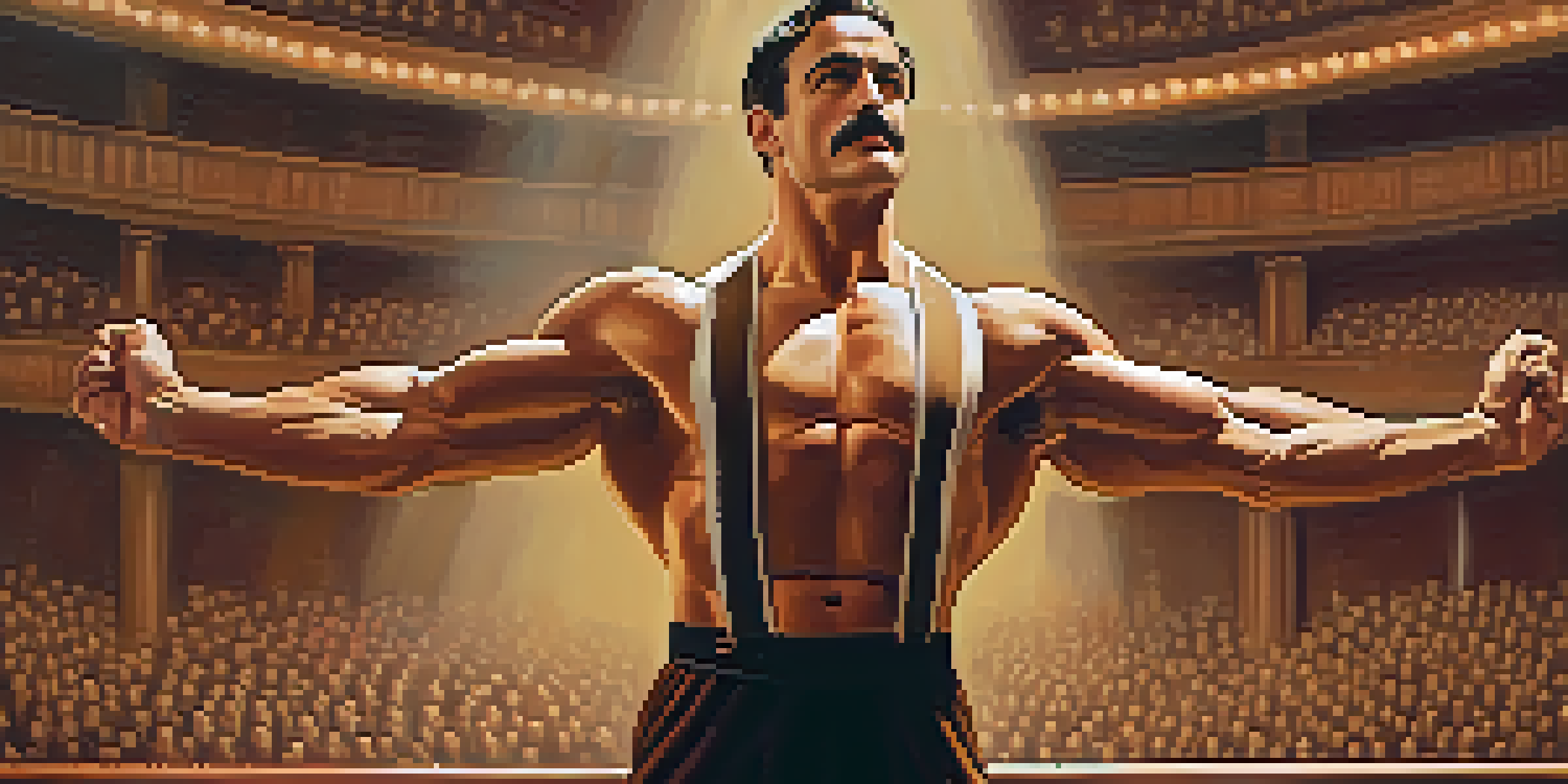 A vintage portrait of Eugen Sandow in a bodybuilding pose, displaying his muscular physique against a theater stage backdrop with warm lighting.