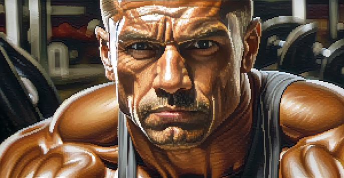 A close-up portrait of a muscular bodybuilder in a gym, highlighting their defined muscles and focused look.
