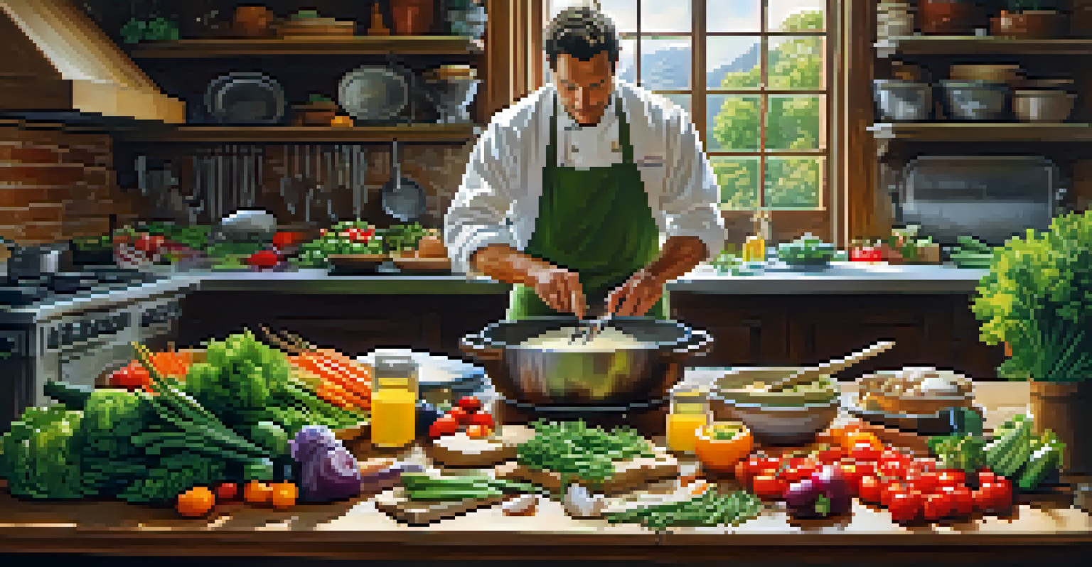 An outdoor kitchen with a chef preparing a meal using fresh, locally sourced ingredients.