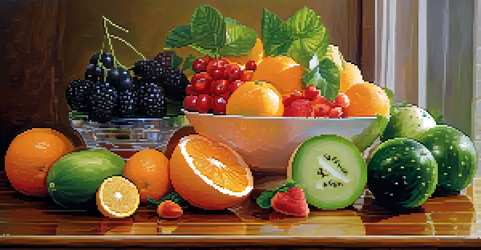 A close-up view of water-rich fruits including watermelon, cucumbers, and oranges on a wooden table.
