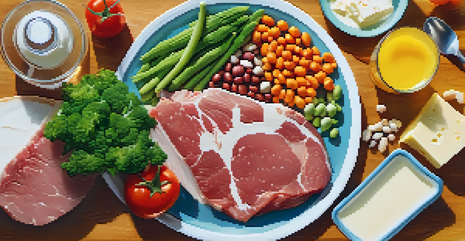 A healthy meal plate featuring lean meats, legumes, and dairy products, brightly lit to showcase the colors and textures.