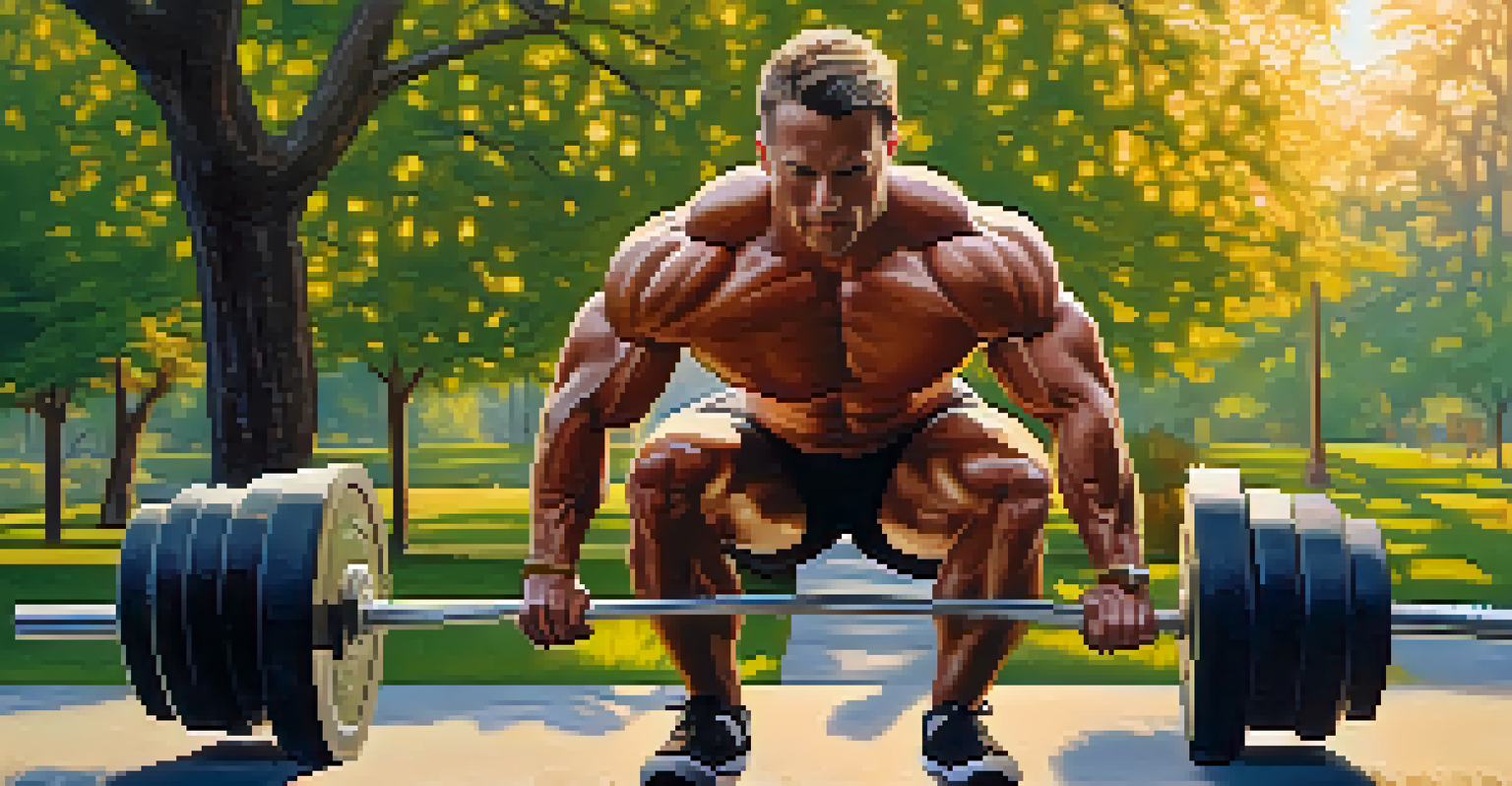 A bodybuilder working out in a park during sunset, lifting weights with a determined expression, surrounded by greenery.