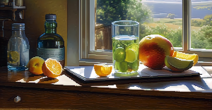 A bright kitchen with a glass of water and fresh fruits on the table, sunlight illuminating the scene.