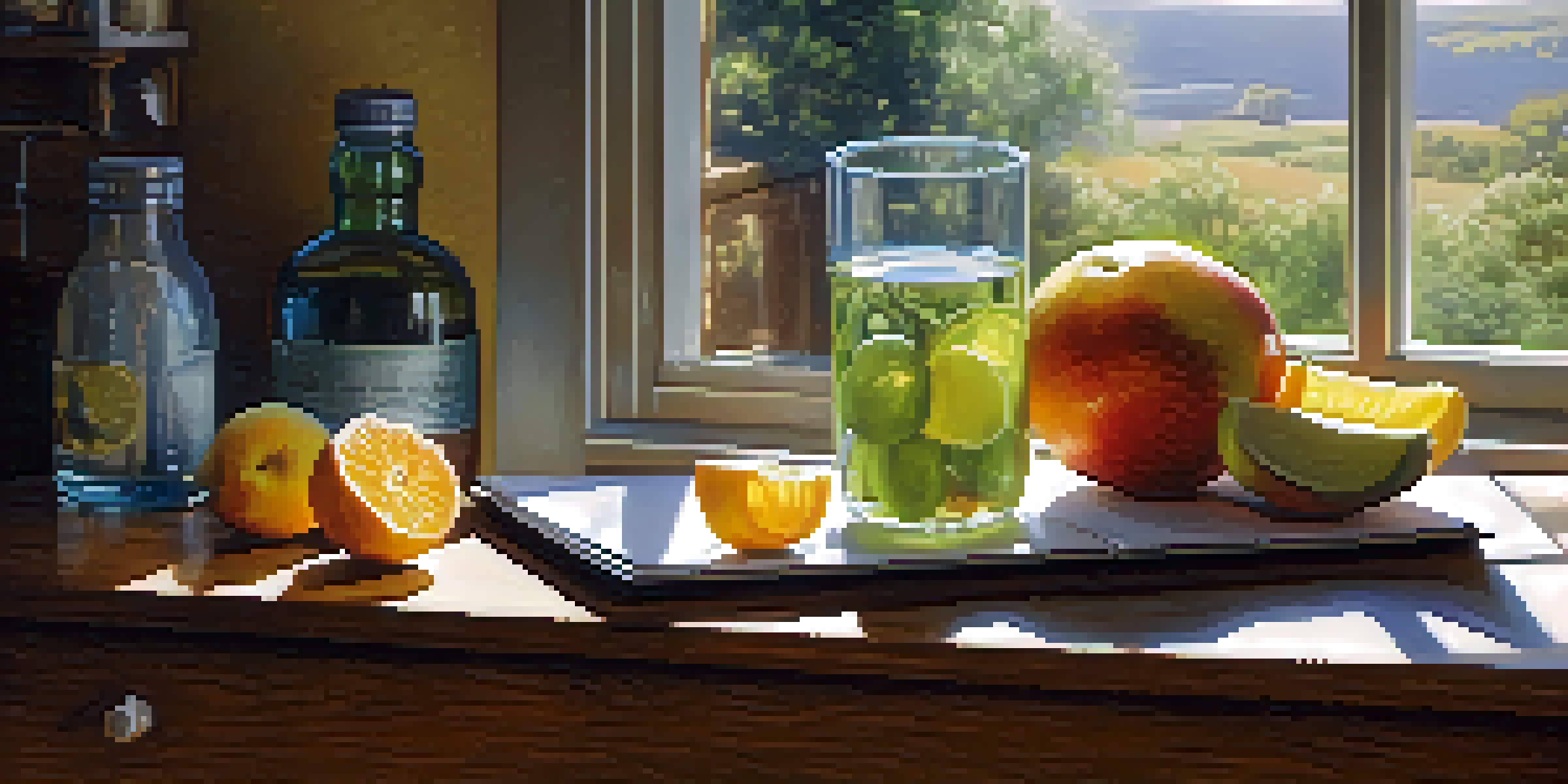 A bright kitchen with a glass of water and fresh fruits on the table, sunlight illuminating the scene.
