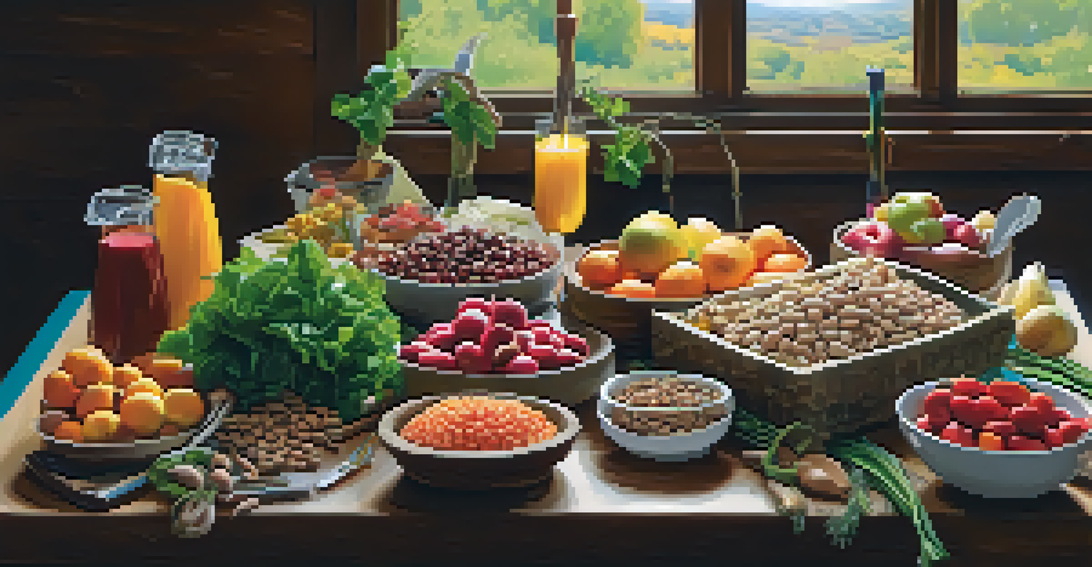 A variety of healthy foods arranged on a wooden table, with natural lighting and a notebook for meal planning in the scene.