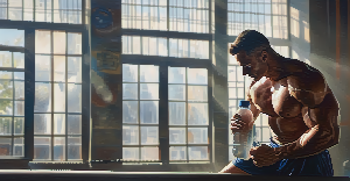 A muscular bodybuilder is drinking water from a clear bottle in a bright gym, with sunlight illuminating the scene.