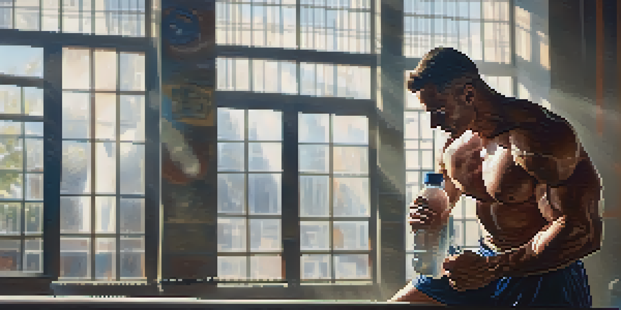 A muscular bodybuilder is drinking water from a clear bottle in a bright gym, with sunlight illuminating the scene.