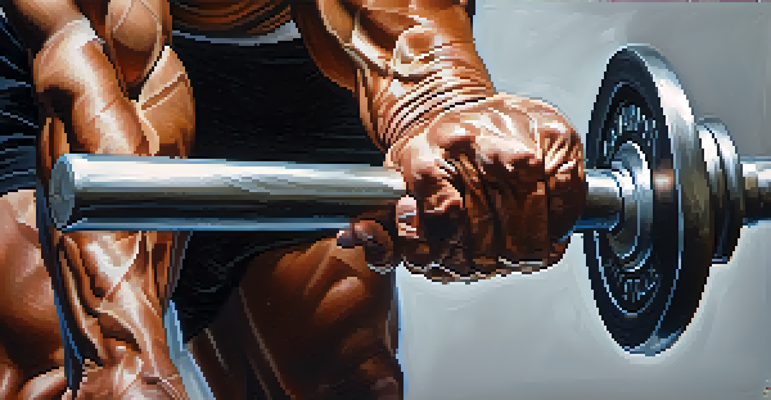 A close-up of a bodybuilder's hands gripping a barbell, emphasizing strength and determination.