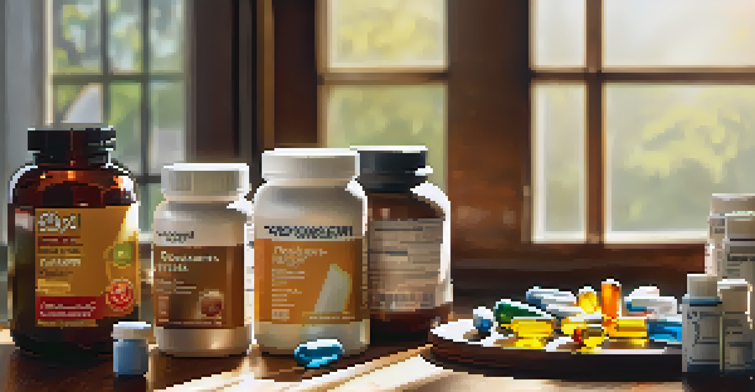 An assortment of dietary supplements on a wooden table with sunlight filtering through.