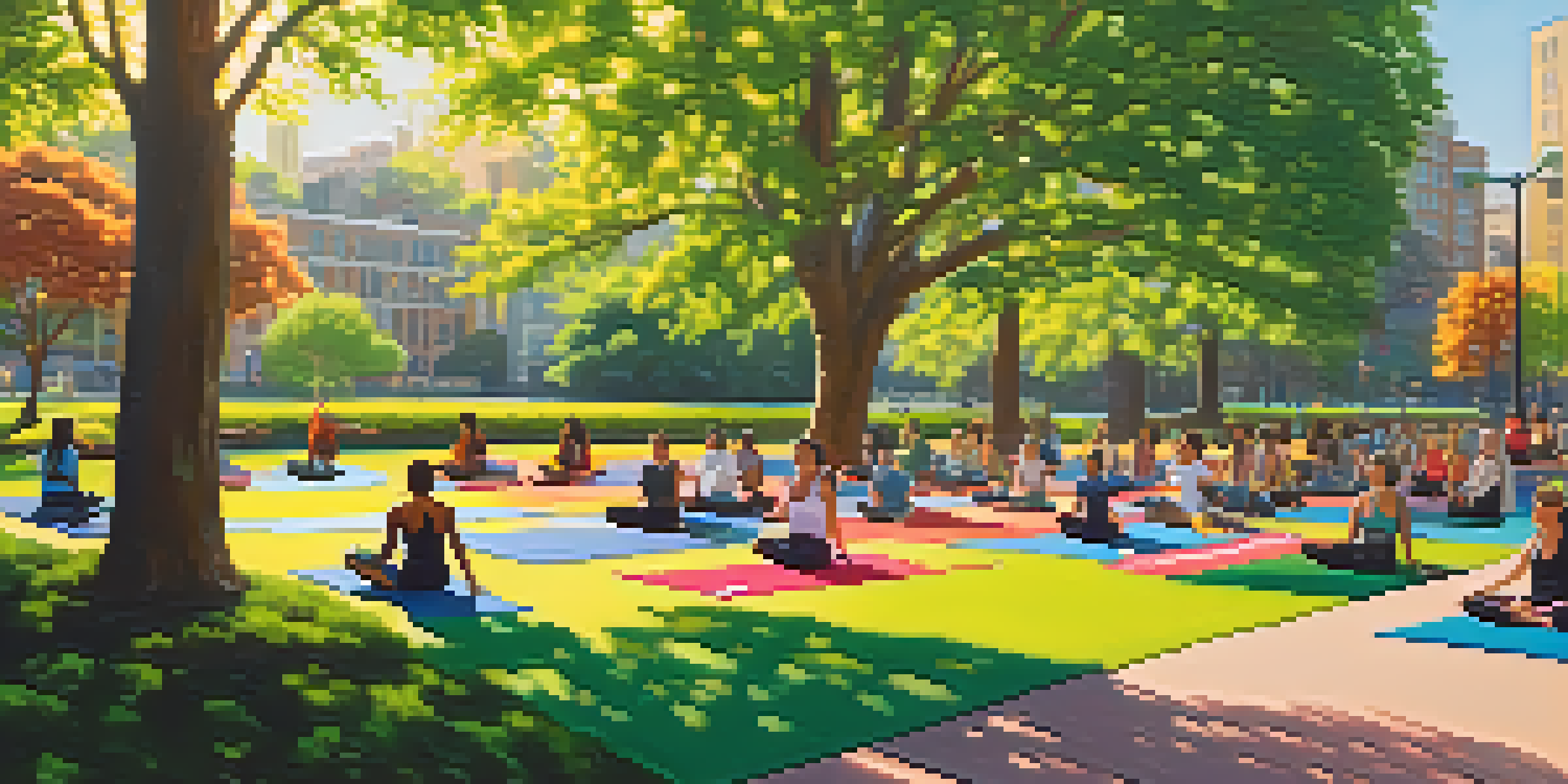A diverse group of people exercising in a park, including joggers, cyclists, and yoga practitioners, with greenery and sunlight in the background.
