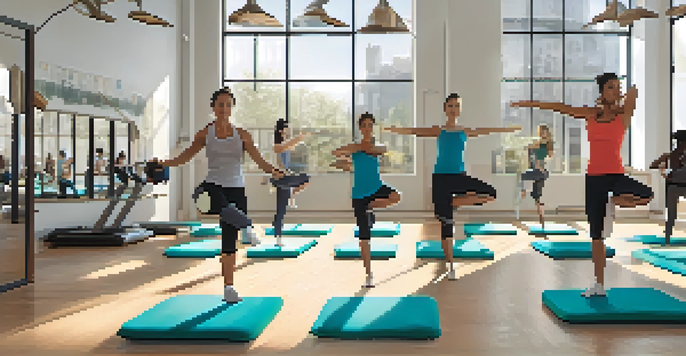 A fitness studio with individuals performing dynamic stretching exercises, illuminated by natural light.