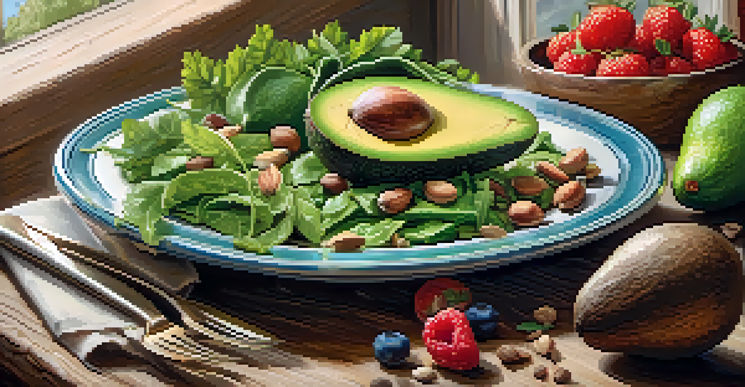 A plate of healthy foods like avocados and nuts arranged on a rustic table, promoting testosterone production.