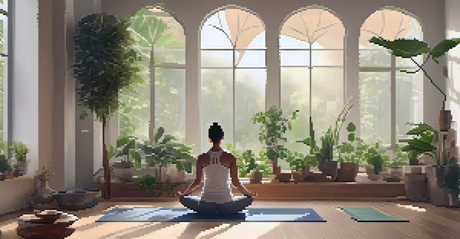 A person practicing yoga in a serene studio, surrounded by plants and soft lighting, embodying tranquility and mindfulness.