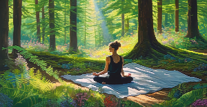 A person meditating peacefully in a lush green forest surrounded by trees, ferns, and wildflowers, with sunlight filtering through the leaves.
