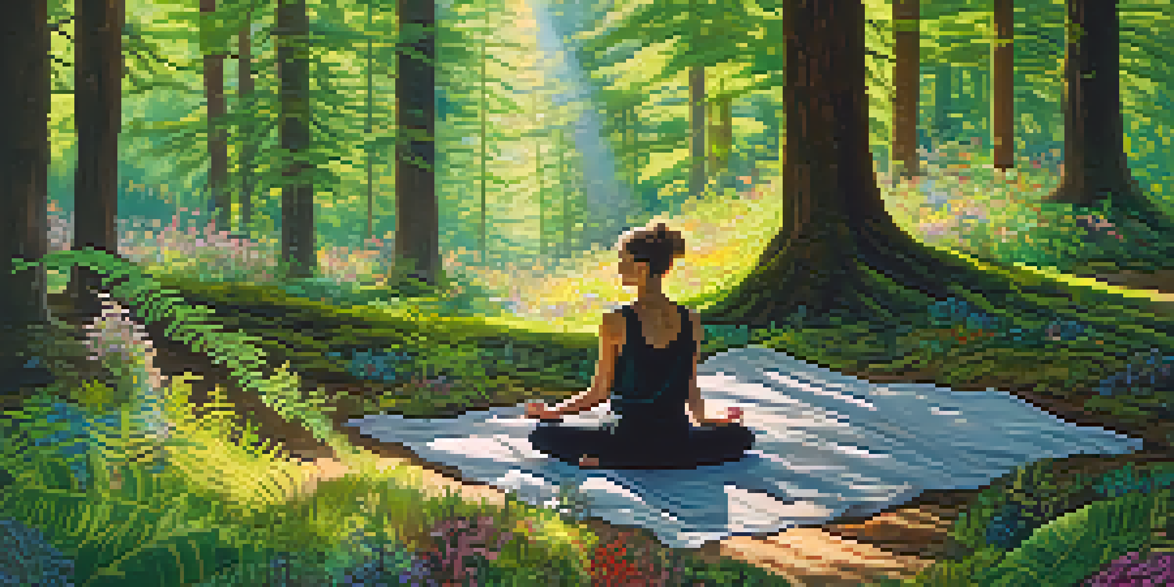 A person meditating peacefully in a lush green forest surrounded by trees, ferns, and wildflowers, with sunlight filtering through the leaves.