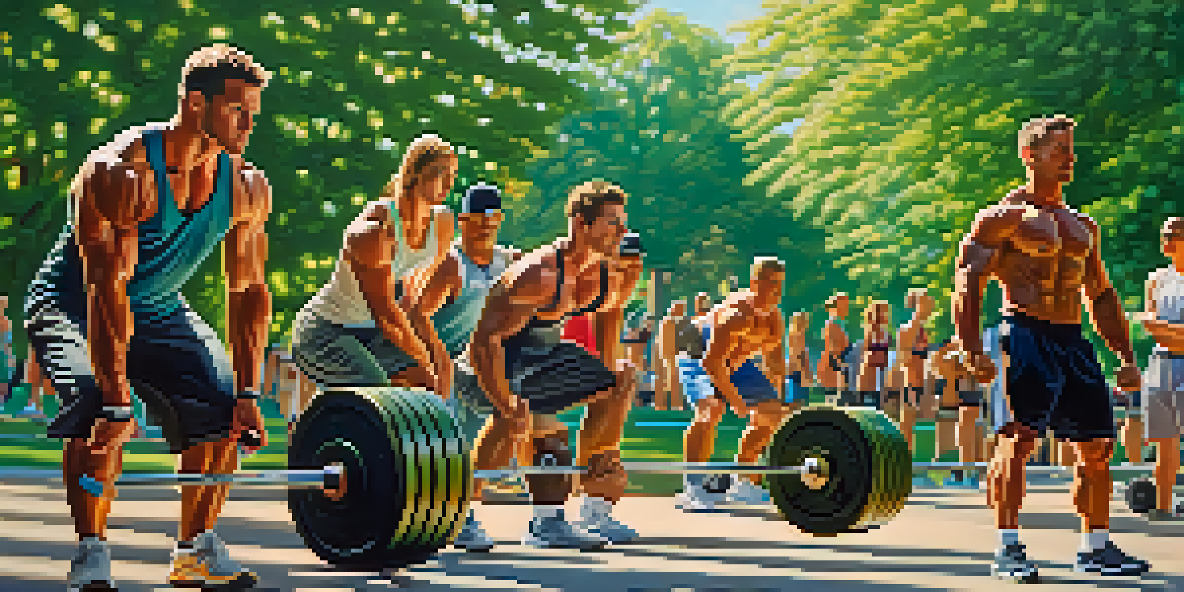 A diverse group of athletes performing functional bodybuilding exercises like squats and deadlifts in a sunny park.