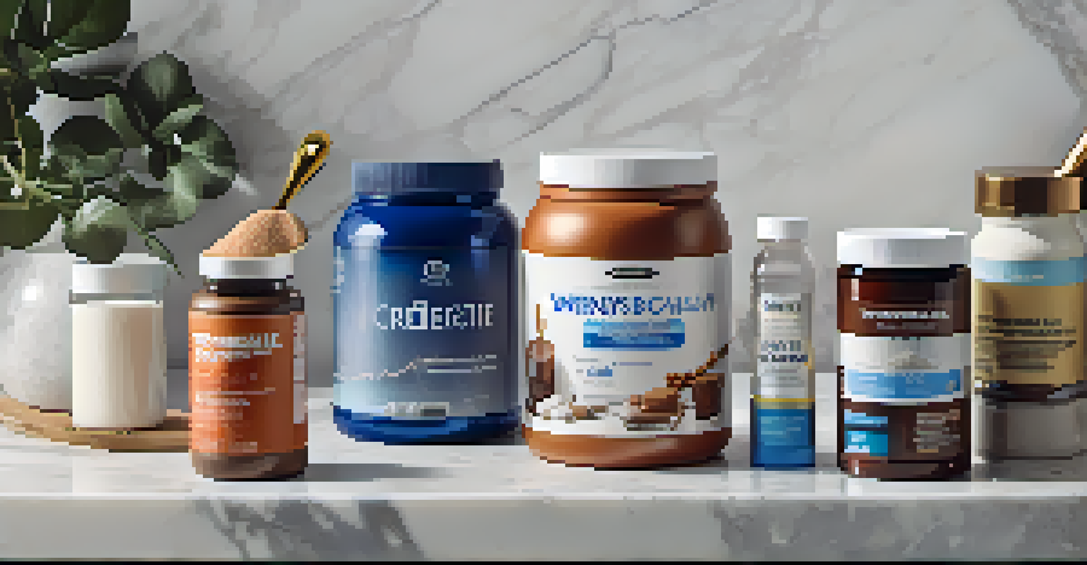 An arrangement of supplements like whey protein and creatine on a marble countertop next to a measuring scoop.
