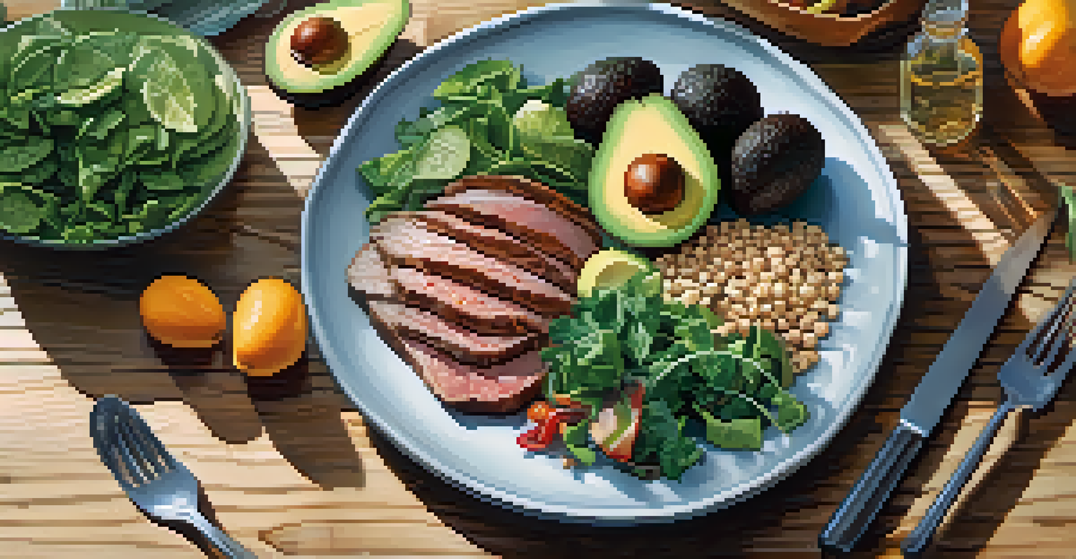 A plate filled with healthy foods like avocados, lean meats, and leafy greens, beautifully arranged on a wooden table with natural light.