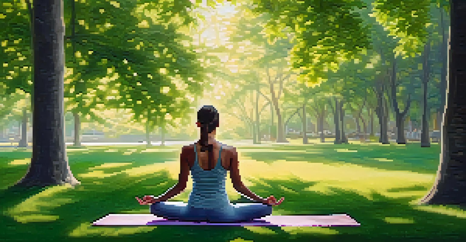 A person practicing yoga in a peaceful park setting, surrounded by greenery, symbolizing active recovery.