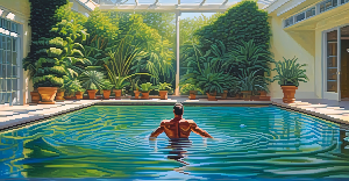 A bodybuilder exercising in a pool, showcasing the ripples of water and sunlight filtering through, surrounded by greenery.