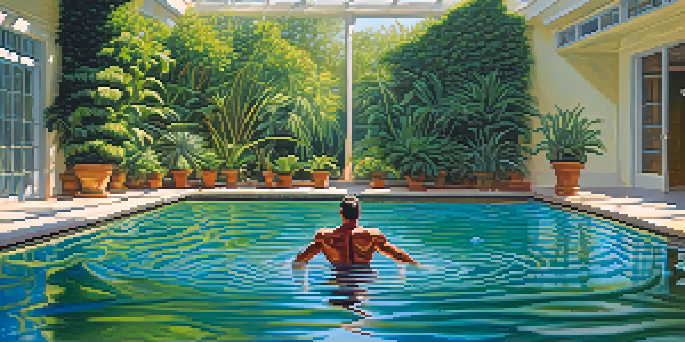 A bodybuilder exercising in a pool, showcasing the ripples of water and sunlight filtering through, surrounded by greenery.