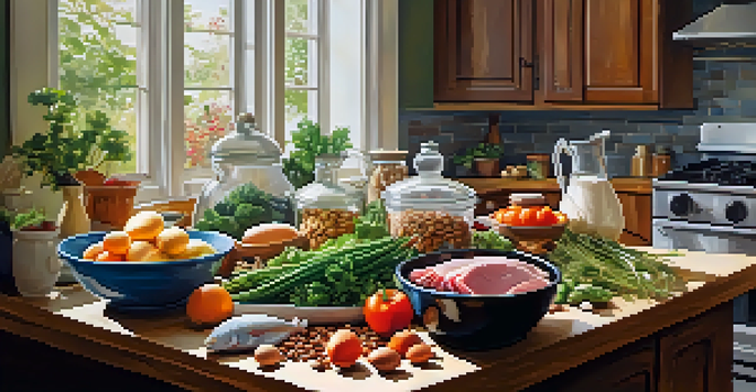 A colorful kitchen countertop displaying a variety of high-protein foods like meats, fish, eggs, legumes, and nuts, with natural light enhancing the textures.