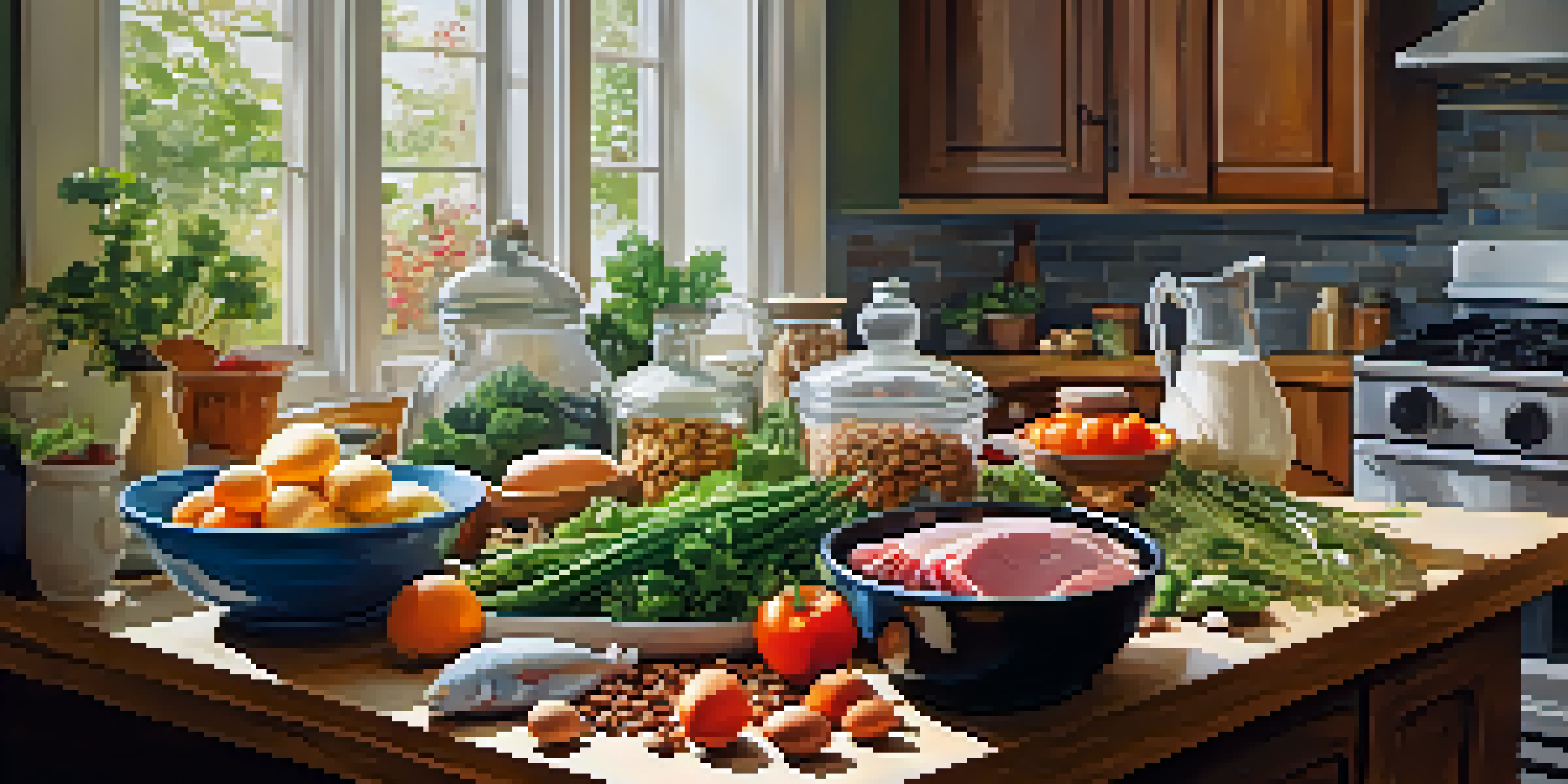 A colorful kitchen countertop displaying a variety of high-protein foods like meats, fish, eggs, legumes, and nuts, with natural light enhancing the textures.