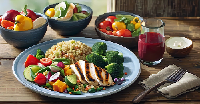 A colorful plate of grilled chicken, quinoa, mixed vegetables, and fresh fruit on a rustic wooden table under soft natural light.