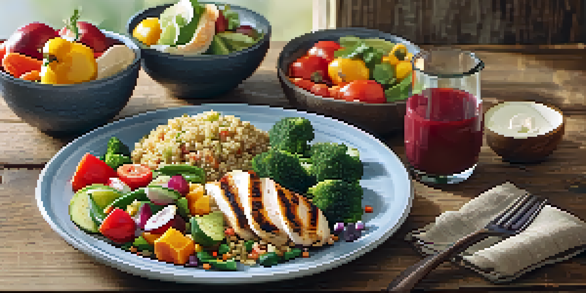 A colorful plate of grilled chicken, quinoa, mixed vegetables, and fresh fruit on a rustic wooden table under soft natural light.