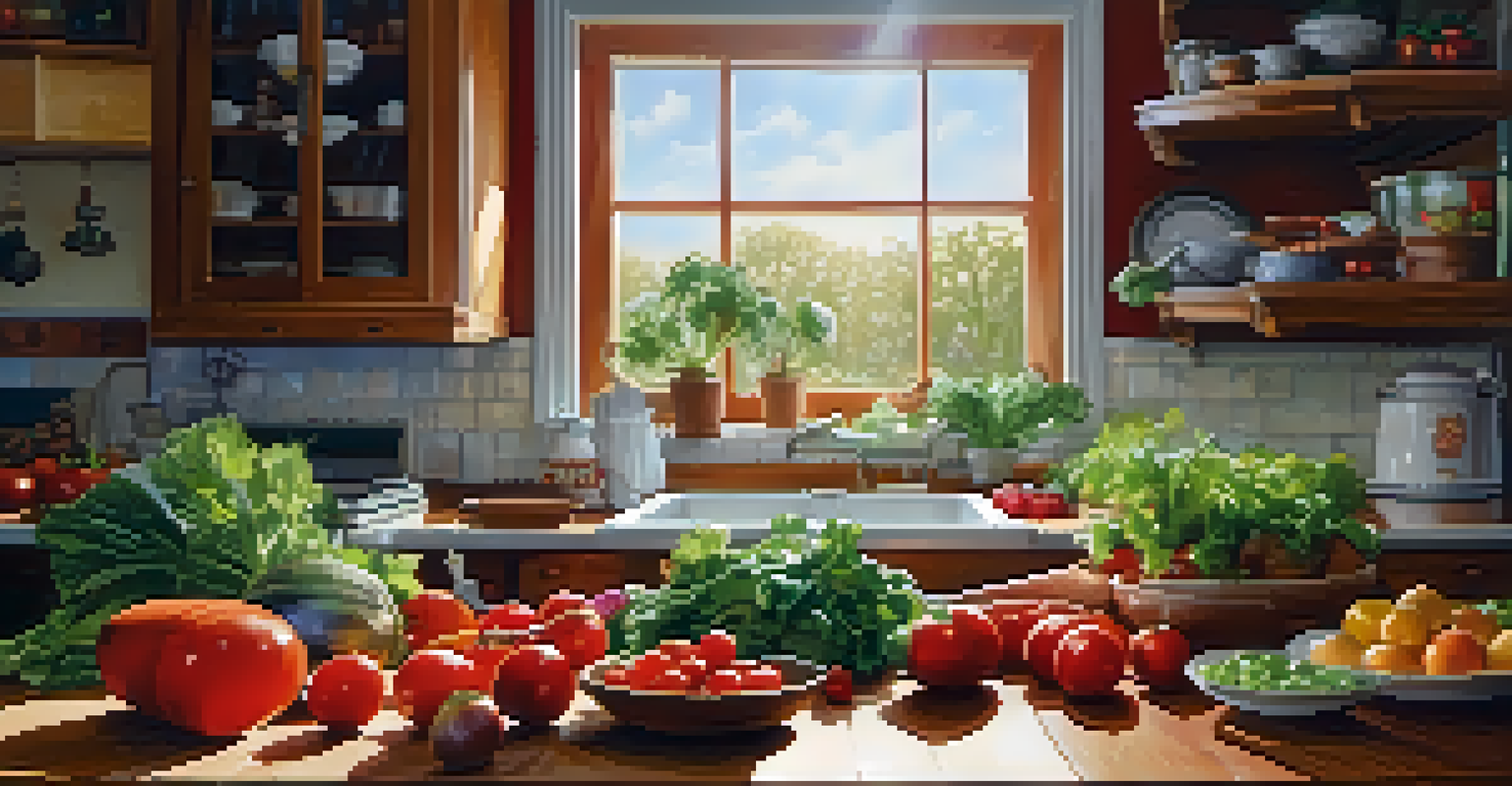 A bright kitchen with fresh fruits and vegetables on the counter and a person preparing a healthy meal.