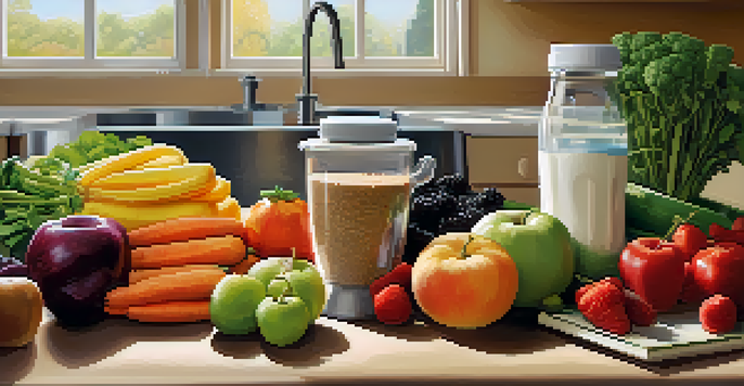 A colorful array of fruits and vegetables on a kitchen countertop, alongside grains and a protein shake bottle, illustrating the connection between nutrition and strength training.